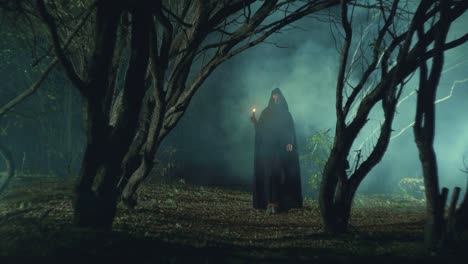 mystical girl in a dark forest with a candle and the smoke,fog