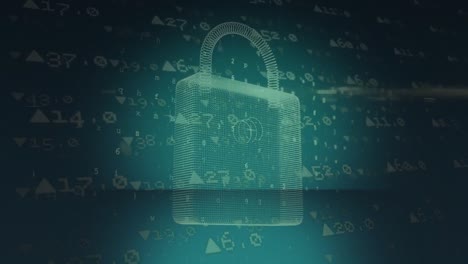 animation of purple shape over digital padlock on green background with financial data