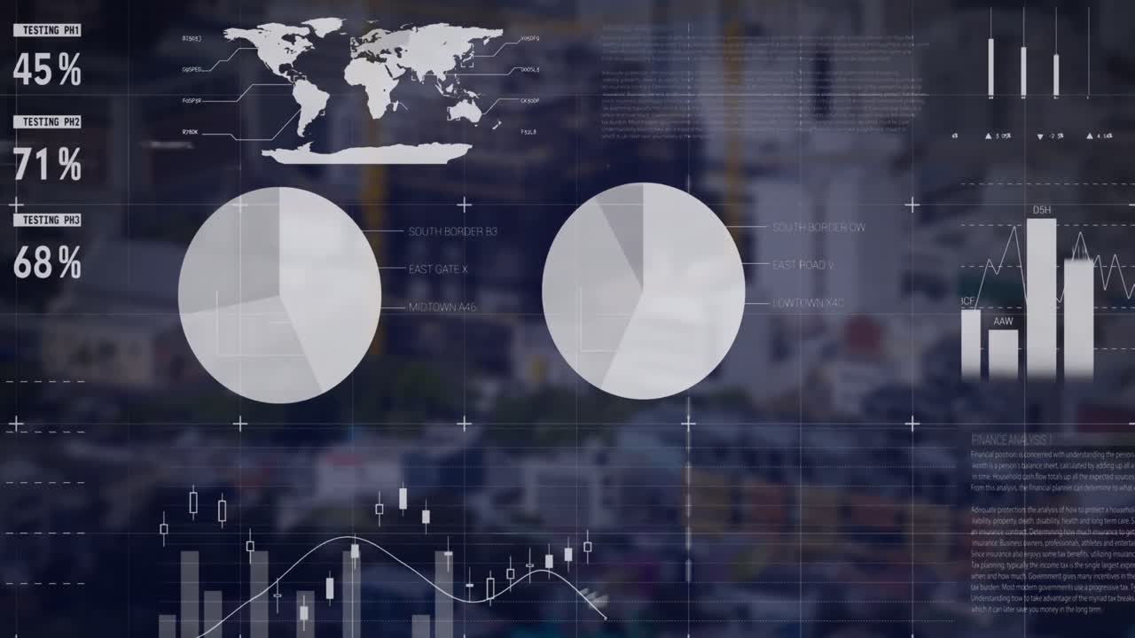 animación de la interfaz infográfica sobre el paisaje urbano moderno en el fondo