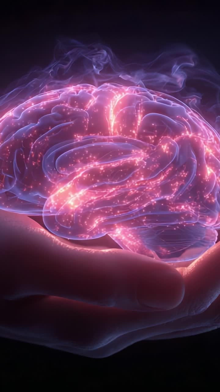 Una visualizzazione accattivante di un cervello futuristico, avvolto in energia luminosa e tenuto delicatamente nel palmo di una mano, a simboleggiare neuroscienze avanzate e innovazione