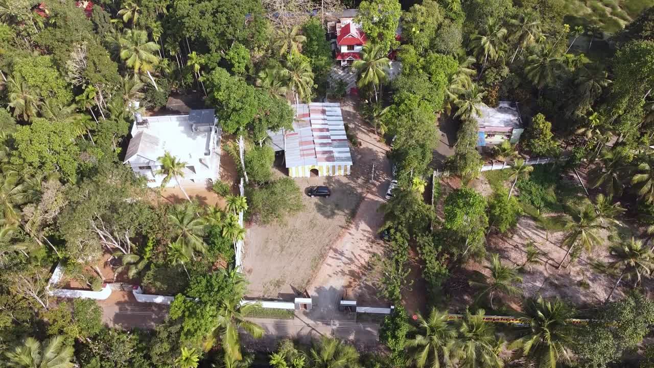 Aerial drone view of Indian village homes surrounded by lush greenery, coconut trees, and traditional houses. Peaceful rural landscape showcasing nature, lifestyle, and countryside living in India
