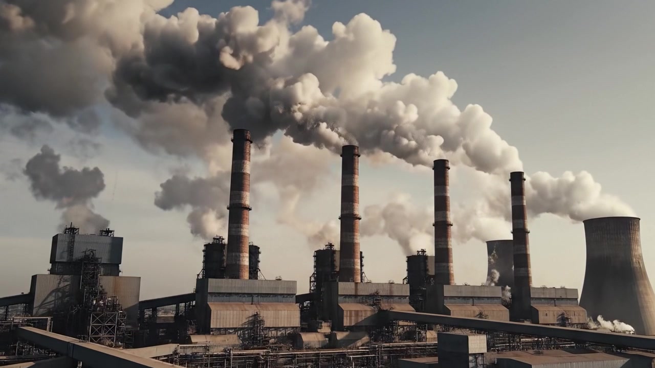 Industrial Power Plant Emitting Smoke and Pollution During Sunset: A View of Massive Chimneys and Pipes Conveying Energy Production and Environmental Impact