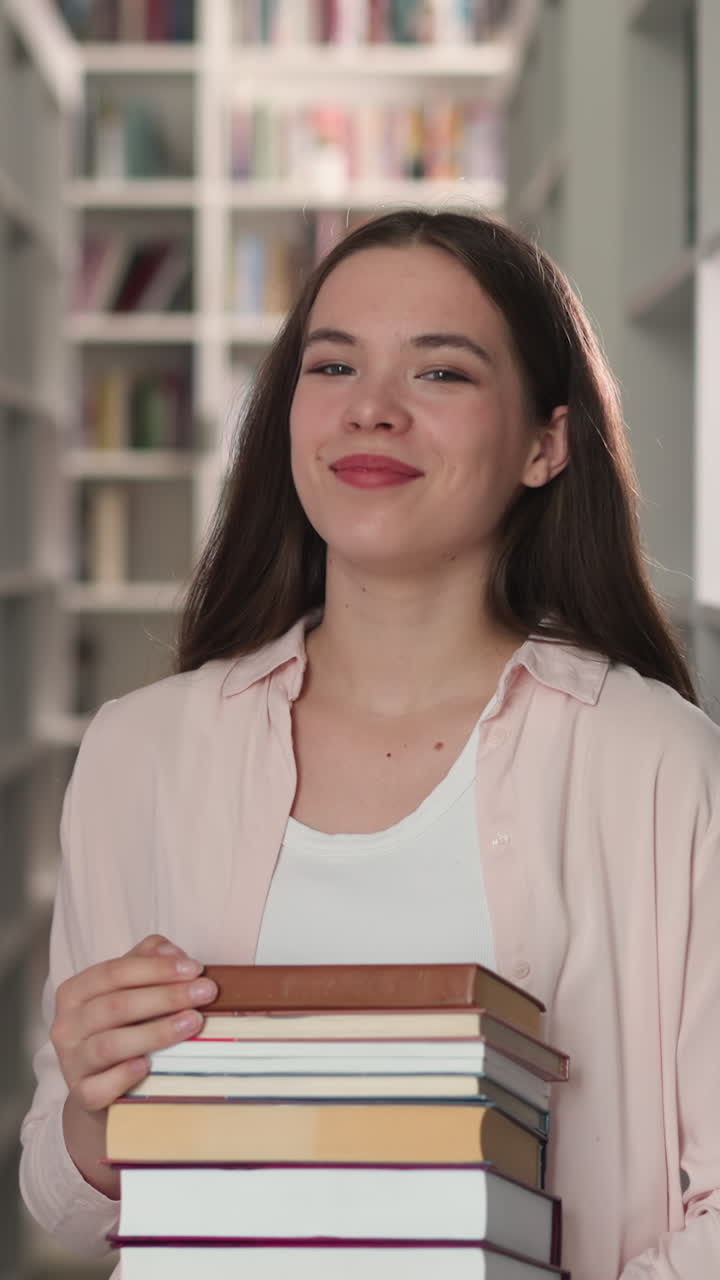 Woman with high books stack in university library. Brunette student holds scientific literature pile in bookstore. Brunette librarian in shop portrait