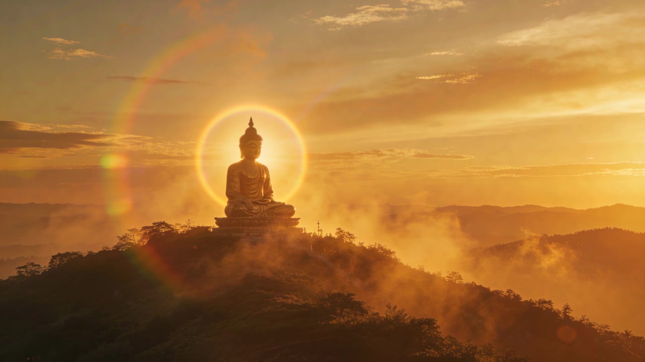Sole che tramonta dietro una statua del Buddha seduto, proiettando un'aureola rotonda, un bagliore arcobaleno, sulla cima boscosa avvolta nella nebbia.