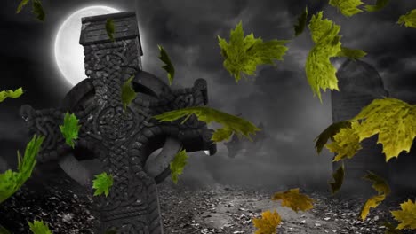 digital composite video of autumn leaves moving against cemetery cross in background