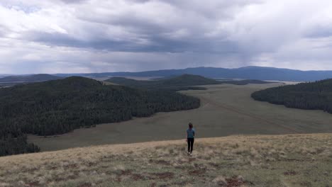 Woman-hiker-atop-mountain-peak-overlooking-natural-wilderness,-back-view