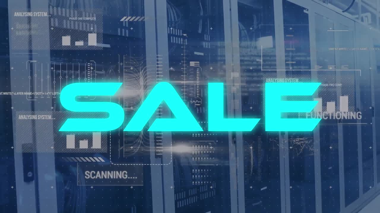 판매 텍스트, 그래프 및 컴퓨터 언어의 애니메이션 데이터 서버 랙에서 서버