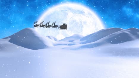 Snow-falling-on-santa-claus-in-sleigh-being-pulled-by-reindeers-over-winter-landscape-and-night-sky