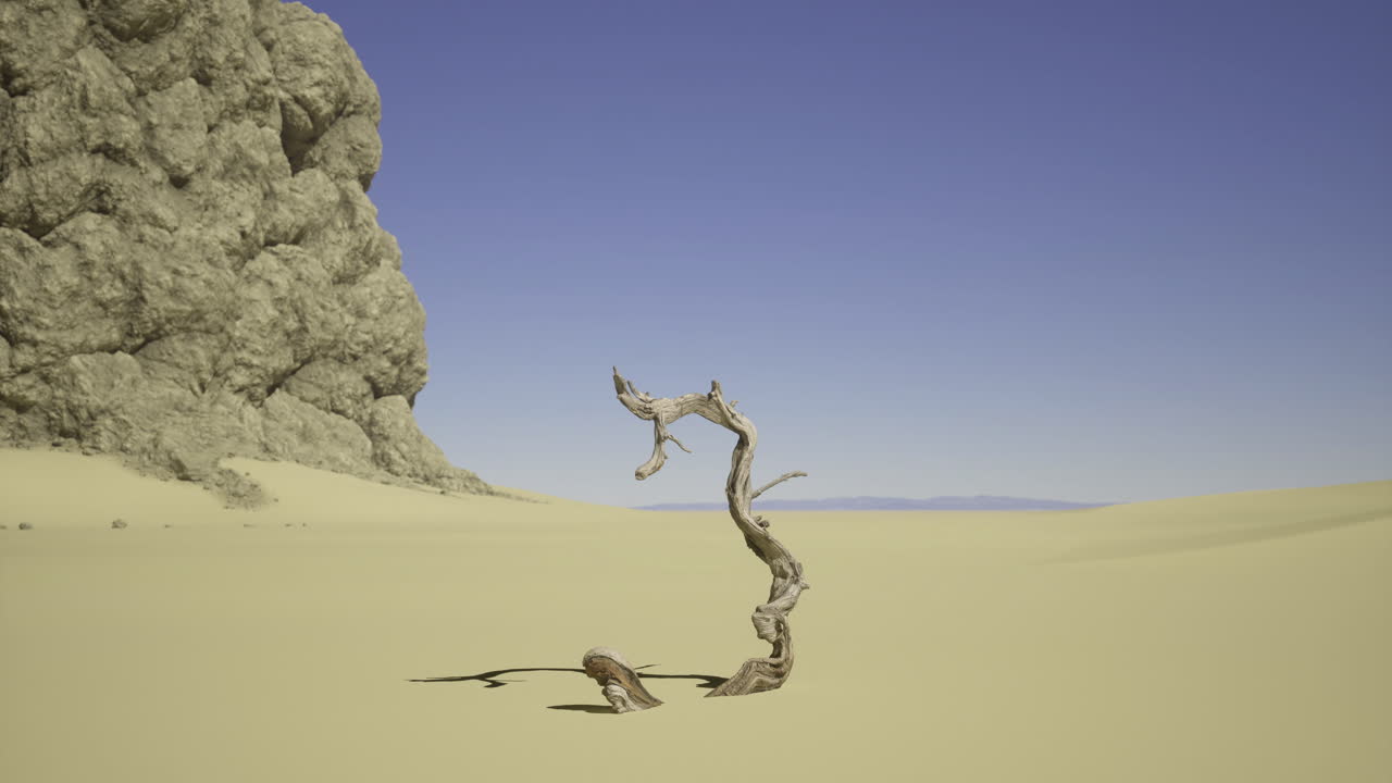 A solitary bent branch rises from the sandy ground in a vast desert