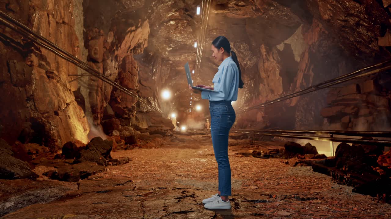Full Body Side View Of Asian Female With Her Laptop In Underground Mine Tunnel, Typing And Dissapionted With Nodding Her Shead