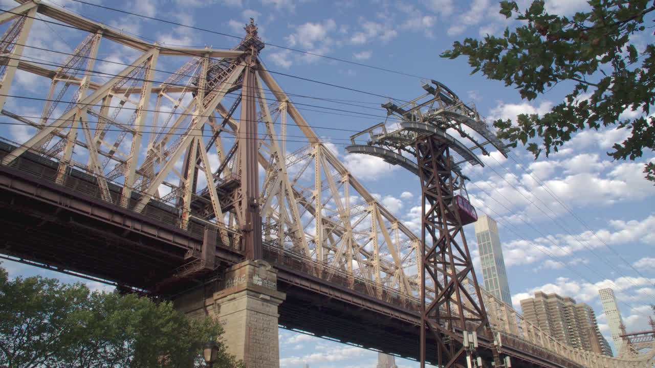Establishing shot of the Roosevelt Island Tram and the Queensboro Bridge. Shot on an autumn morning in New York City