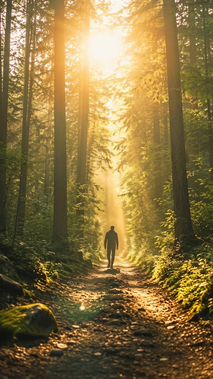 Solitary silhouetted person walks away along rocky dirt trail into vertical sunbeam cutting through dense evergreen canopy, with mist, deep shadow, textured ground, tranquil wilderness atmosphere