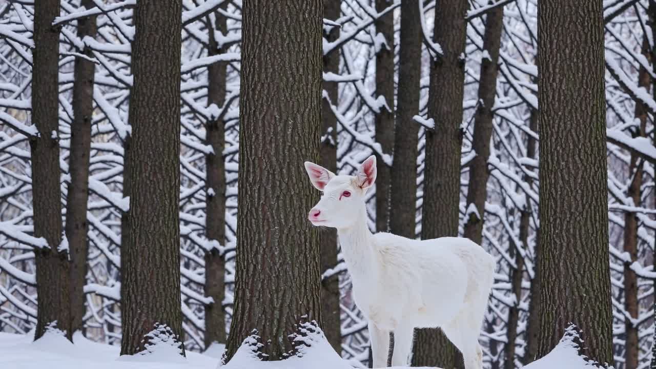 Hvid hjort i sneklædt skov