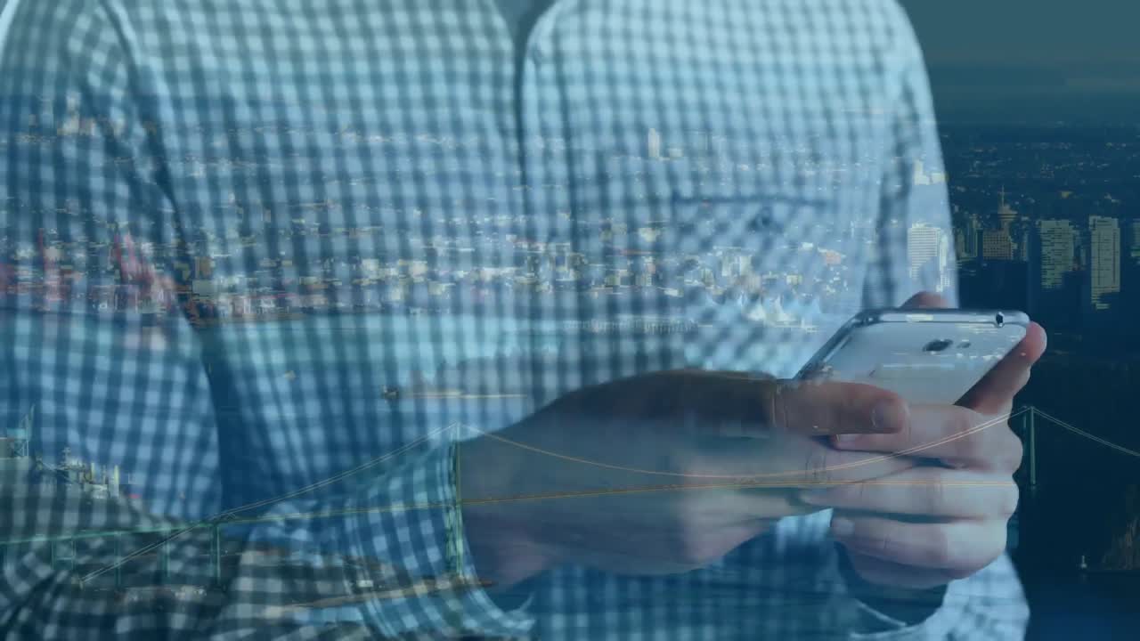animación de un hombre usando un teléfono inteligente sobre el paisaje urbano