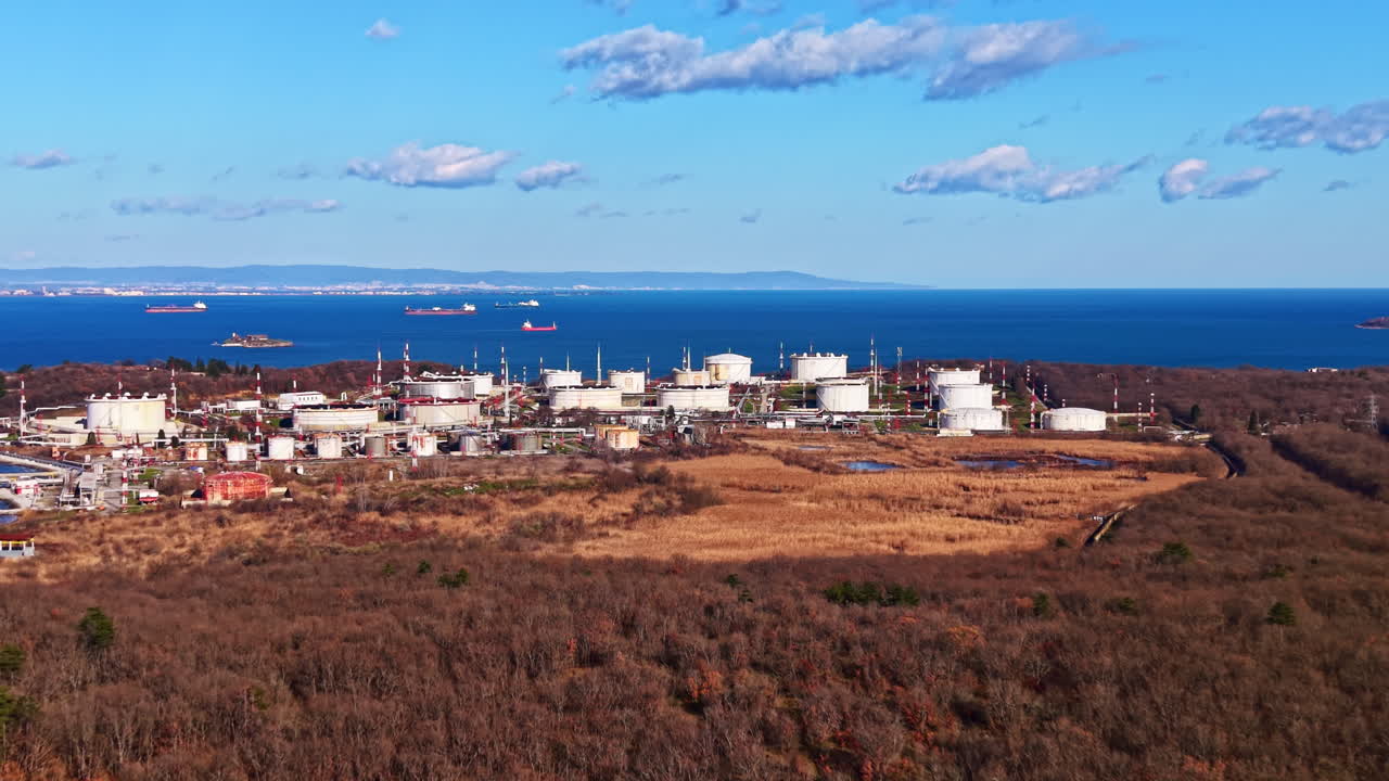 View of industrial facilities near the water with ships in the distance and bare trees in the foreground on a clear day