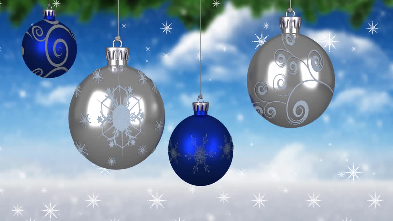 animación de bolas de navidad sobre copos de nieve sobre fondo azul