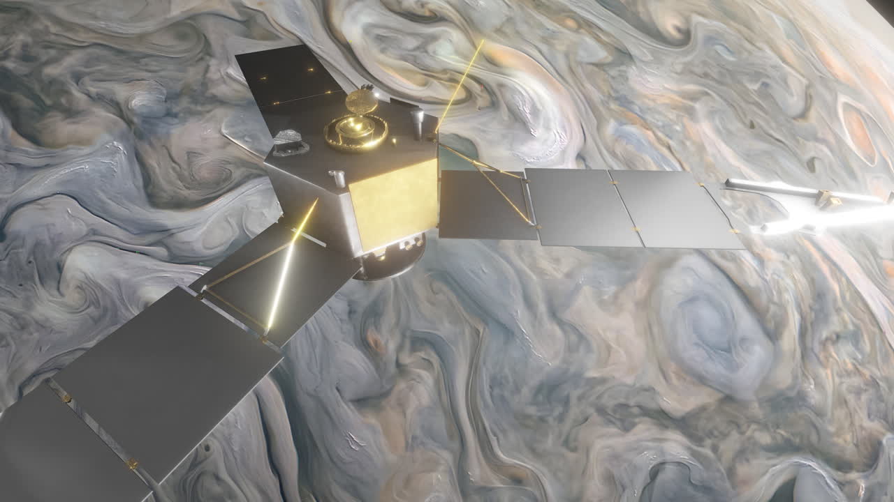 Juno Spacecraft Orbiting Planet Jupiter Taking Measurements of Radiation and Taking Photos with Bright Sun Shining on Scientific Instruments. Science Space 3D Animation ProRes 4K.