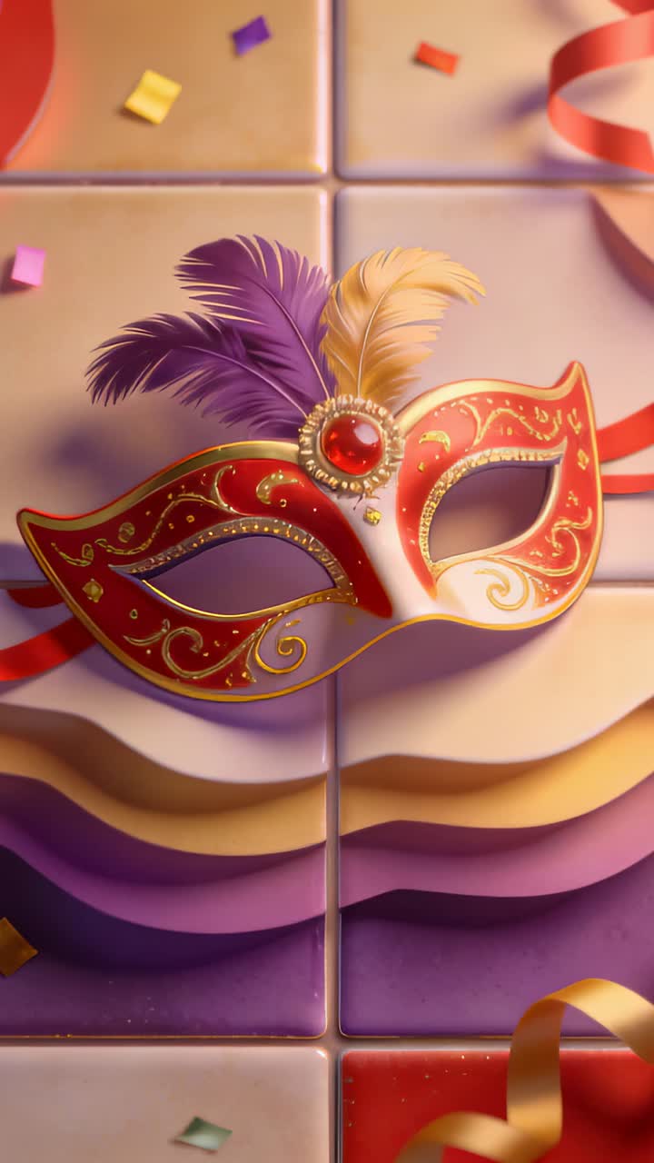 Vertical video: Camera showing red gold mask on display with lighting shifting confetti drifting