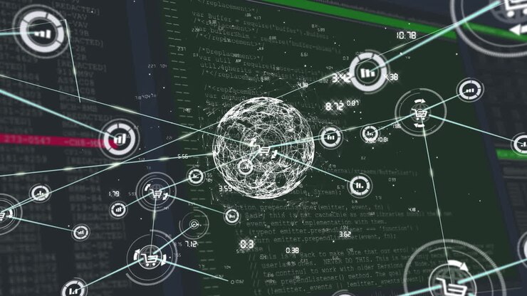 Анимация сети соединений с иконками над земным шаром с обработкой данных