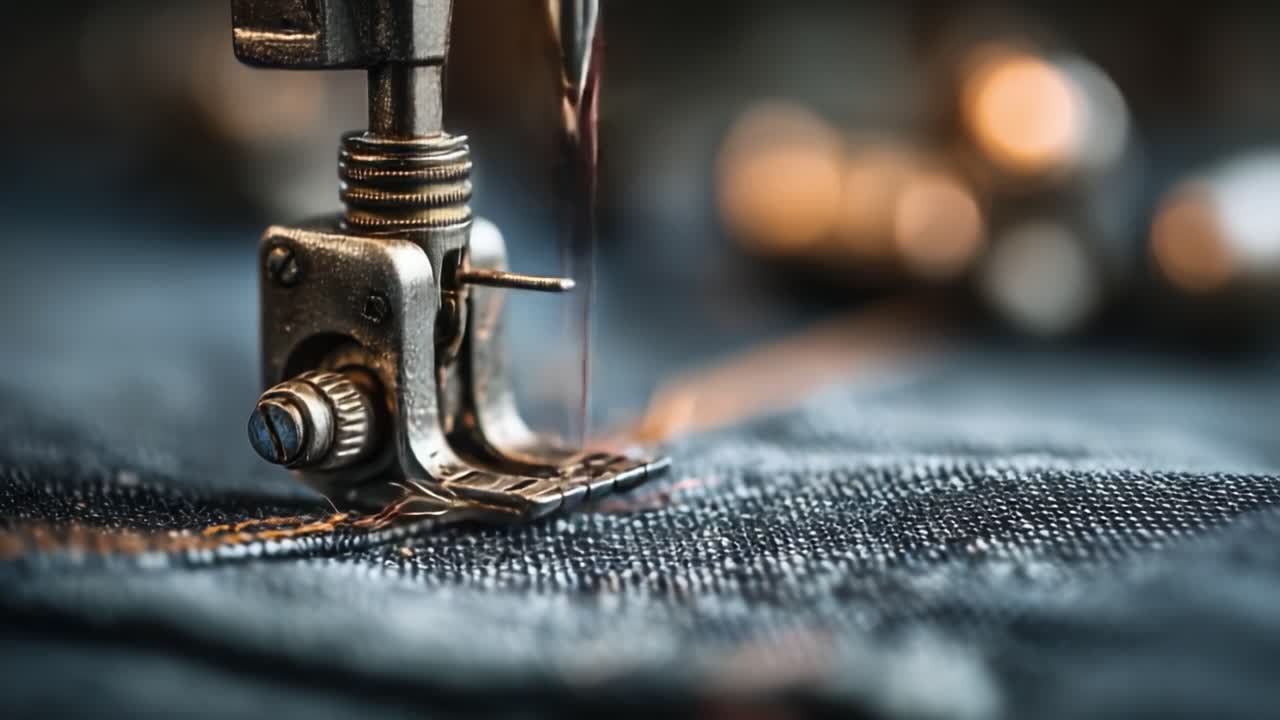 An Intricate Close-Up of a Vintage Sewing Machine Needle Engaging with Denim, Capturing the Precision and Craftsmanship in Textile Artistry and Tailoring Techniques