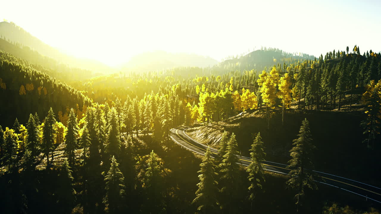 Sunlight illuminates lush forests and winding trails in a serene landscape