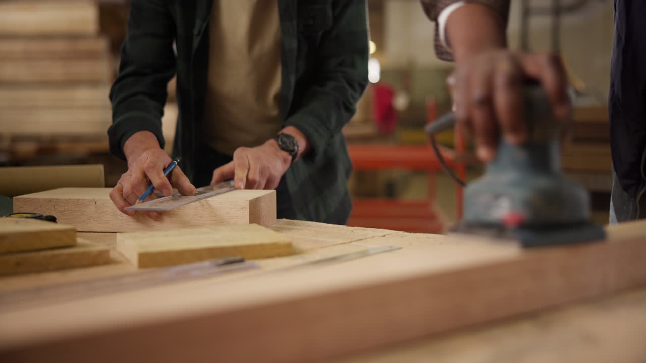 Woodworkers crafting furniture in a workshop