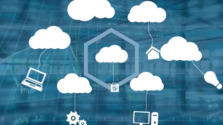 Animation of clouds with icons and financial data processing over empty office
