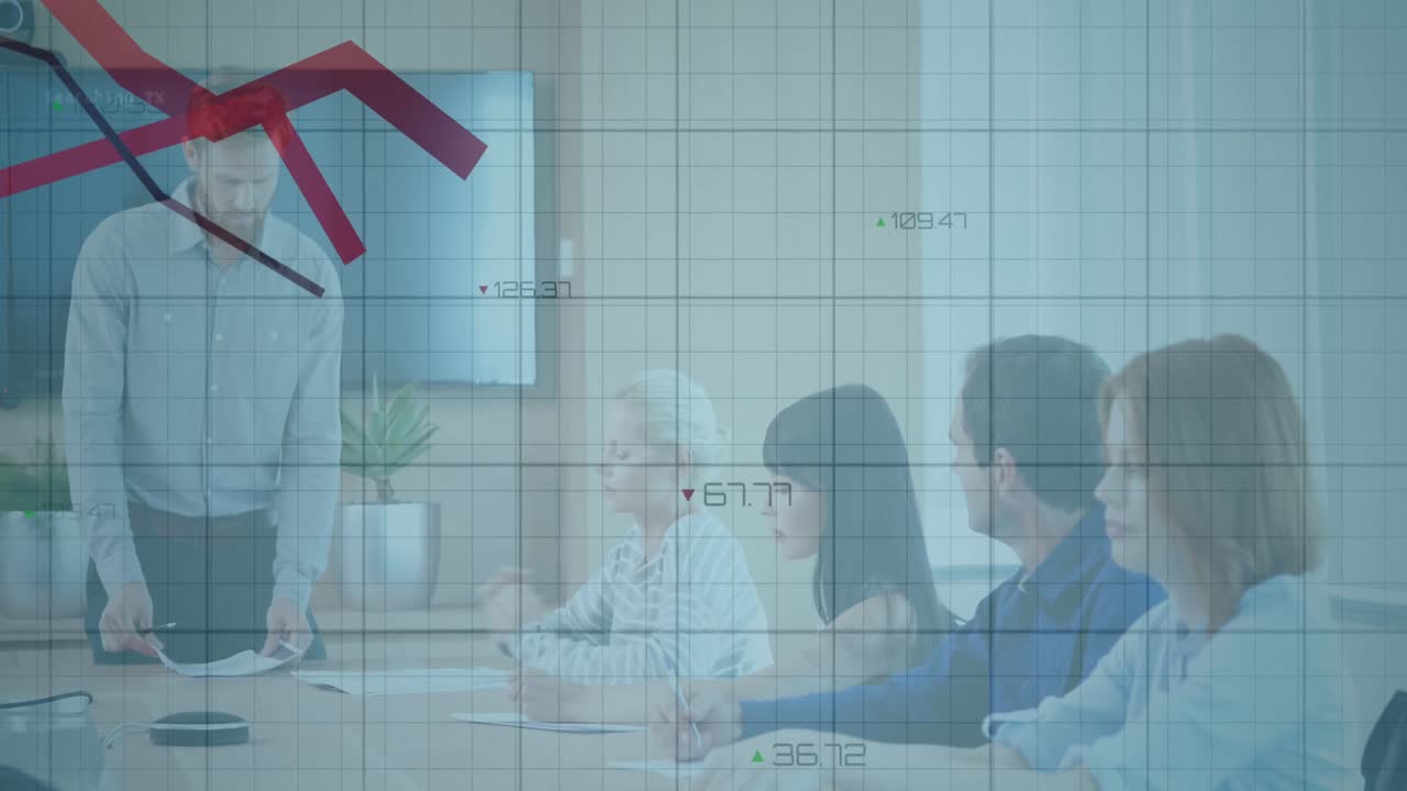 사무실에서 동료들과 토론하는 백인 남성에 대한 통계 데이터 처리 애니메이션