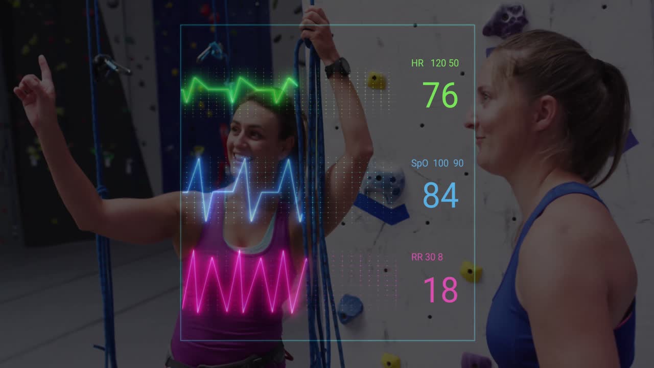 animación de la frecuencia cardíaca de neón sobre mujeres caucásicas felices haciendo ejercicio