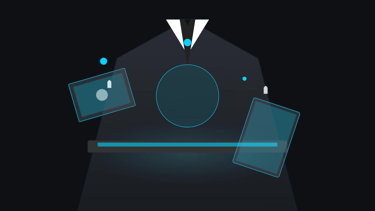 Abstraktní animace digitálního rozhraní s plovoucími rámečky a zářícími prvky