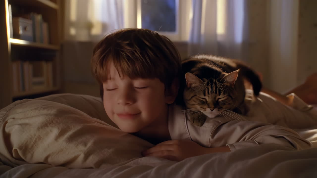 Boy sleeping with his cat