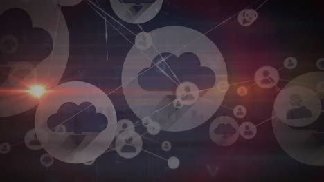 animation of network of connections with icons and data processing over cityscape