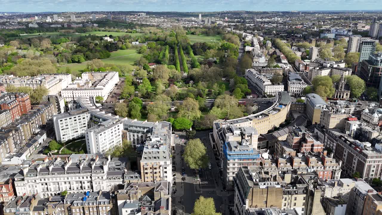 Park Crescent with Regents park in background London Panning drone aerial