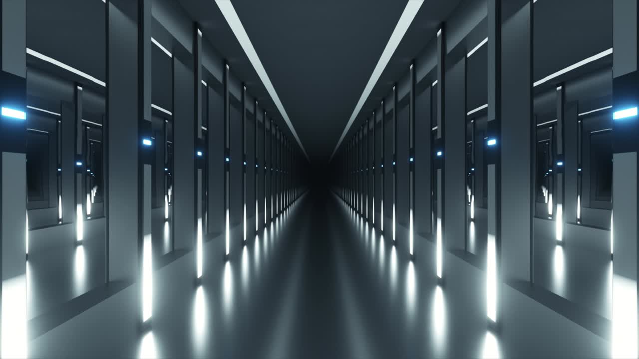 Sci-fi tunnel or spaceship corridor. The camera pans down a neon-lit corridor. Future concept. 3d animation of seamless loop