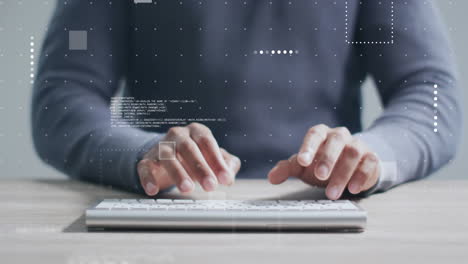 animation of data processing over midsection of biracial man using computer keyboard at desk