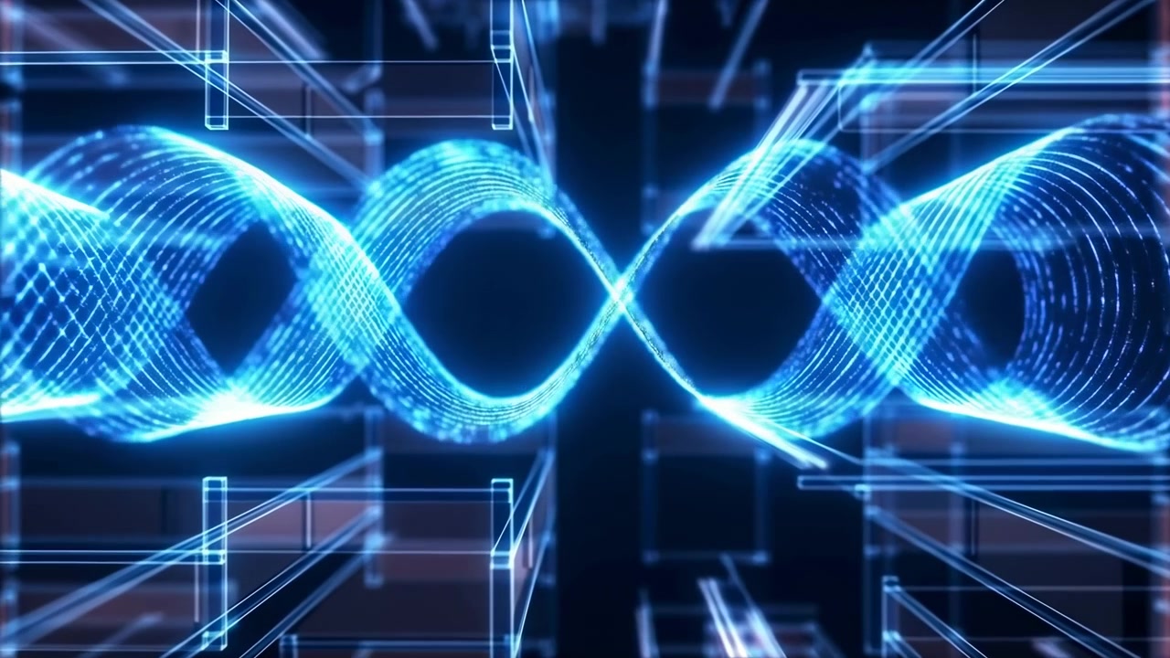 Glowing blue wave forms move through dark space with smooth curves and repeated crossings, showing bright lines, transparent layers, and balanced digital shapes in a wide composition.