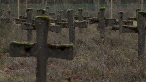 close pan over old gravestones in weed overgrown graveyard