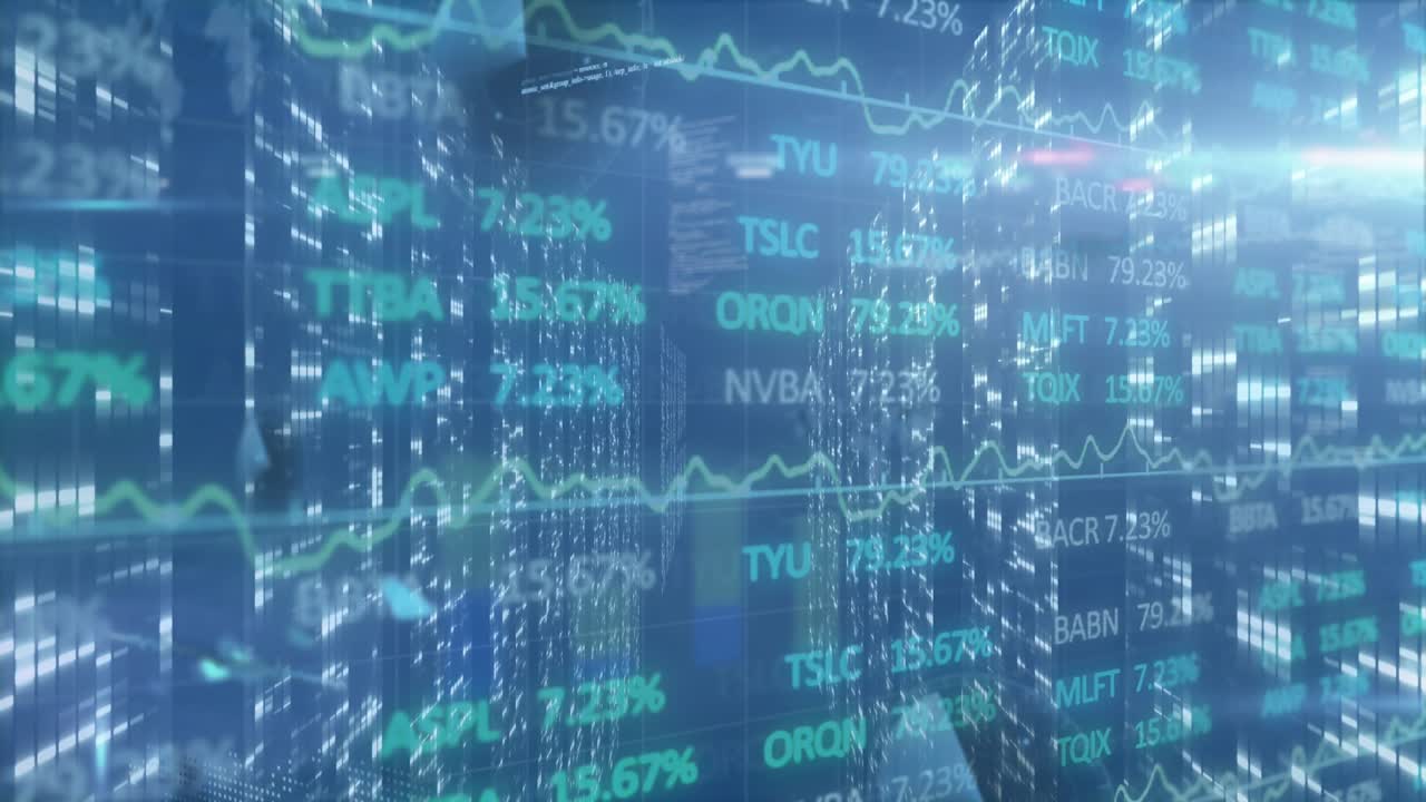 Animazione dell'elaborazione dei dati del mercato azionario su schermi di quadrati a mosaico su sfondo blu