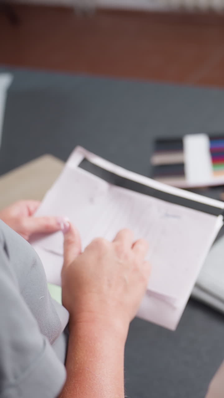 Mujer blanca estudiando muestras de color y páginas de patrones, escena de estudio retroiluminada con muestras de tela en la mesa, manos señalando la paleta y comprobando patrones, momento de decisión creativa con calma