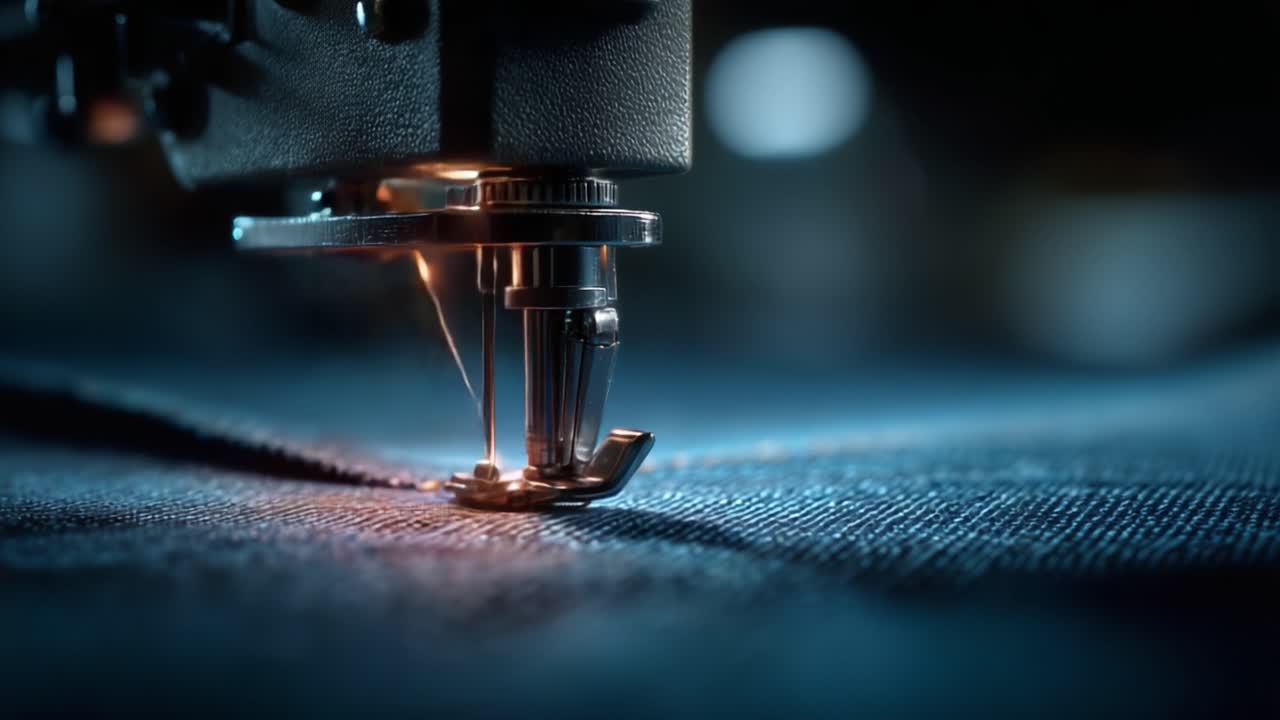 Captivating Close-Up of a Sewing Machine in Action: Intricate Needle Work on Fabric Highlighting the Art of Tailoring and the Precision of Stitching Techniques