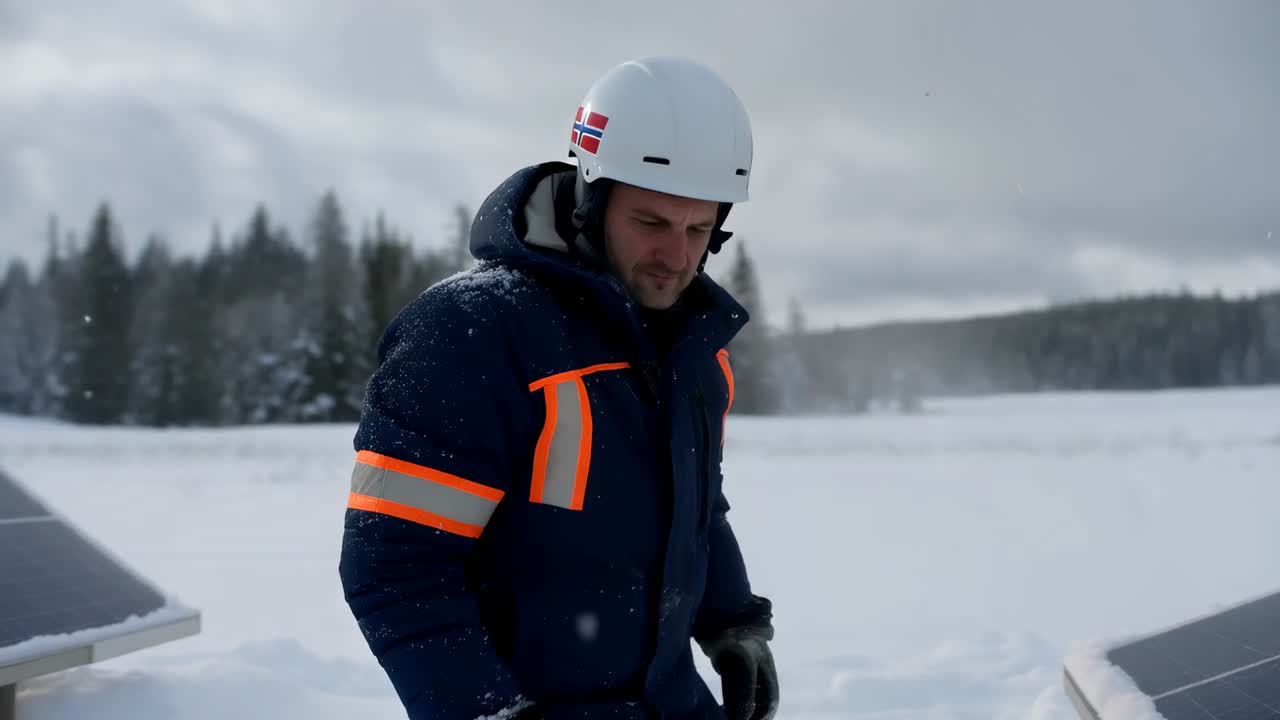 Rimozione della neve accumulata sui pannelli, tecnico con parka blu che stringe un bullone con una chiave inglese, casco norvegese