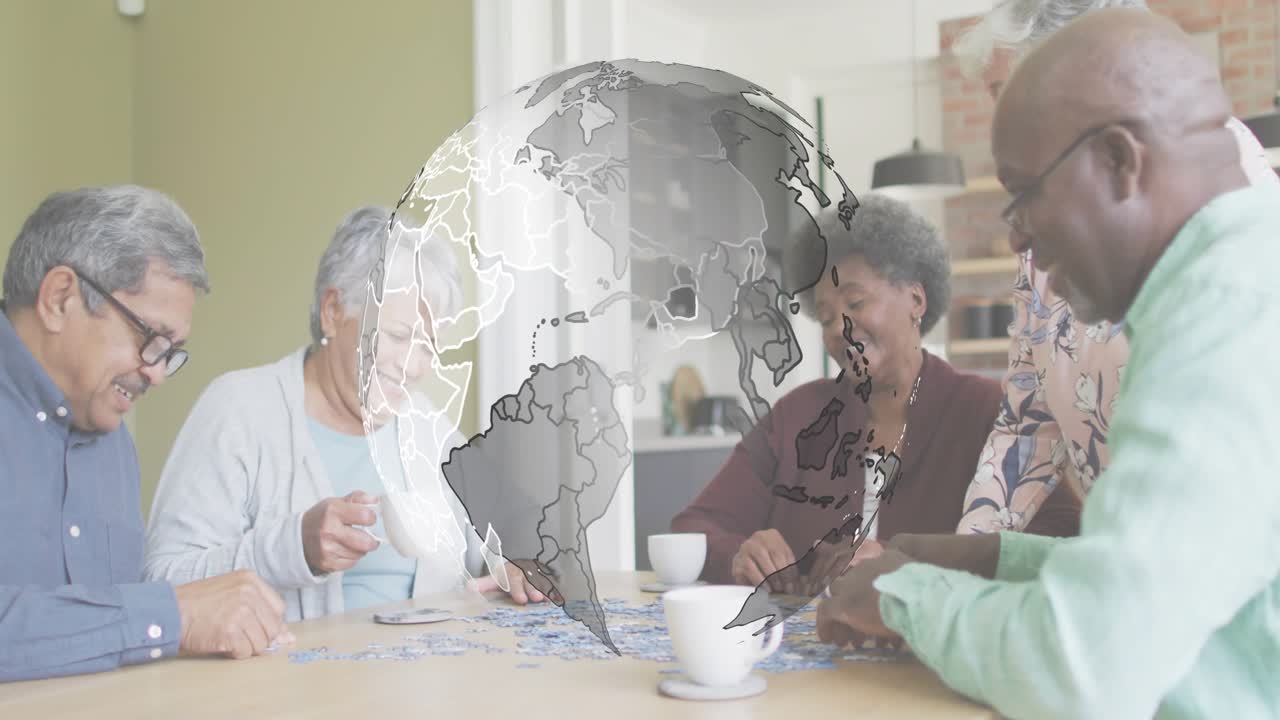 Seniors solving scattered jigsaw puzzle sipping mugs under rotating transparent AR globe overlay