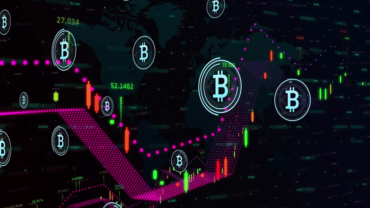 animación de los símbolos de bitcoin sobre el procesamiento de datos financieros contra el mapa del mundo
