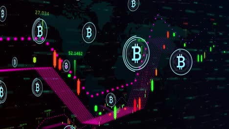 Animation-of-bitcoin-symbols-over-financial-data-processing-against-world-map