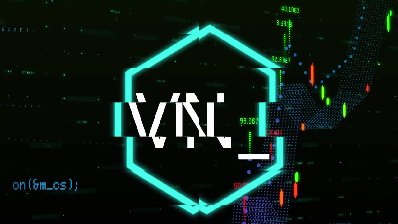 검은 바탕에 그래프, 프로그래밍 언어 및 숫자 위에 육각형으로 nft 텍스트의 애니메이션