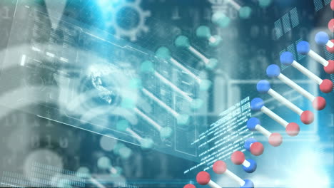 animation of dna chain rotating over icons and data in in digital space