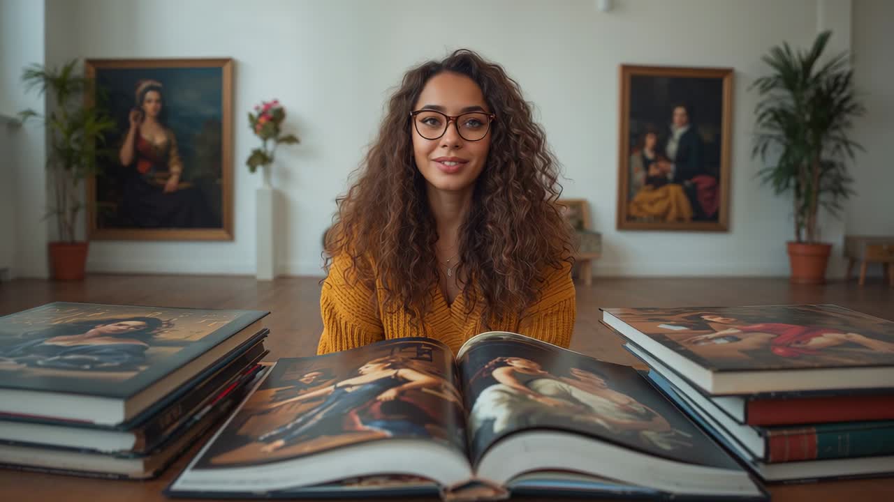 Kvinde i sennepsfarvet strik kigger på kunstbog mellem stakke, løfter blikket, blinker og smiler på museum