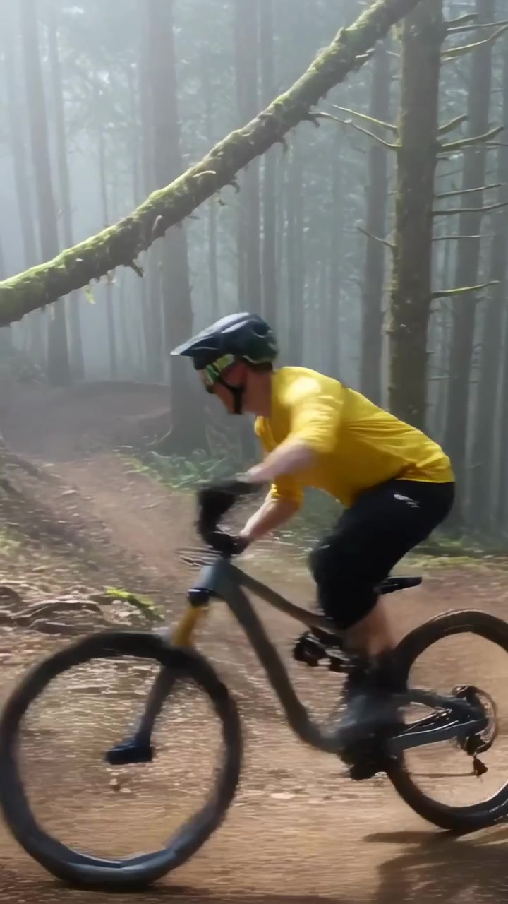Video verticale: Un motociclista in giallo si avvicina a un argine, si inclina a destra con la moto in un bosco nebbioso, mantenendo la velocità