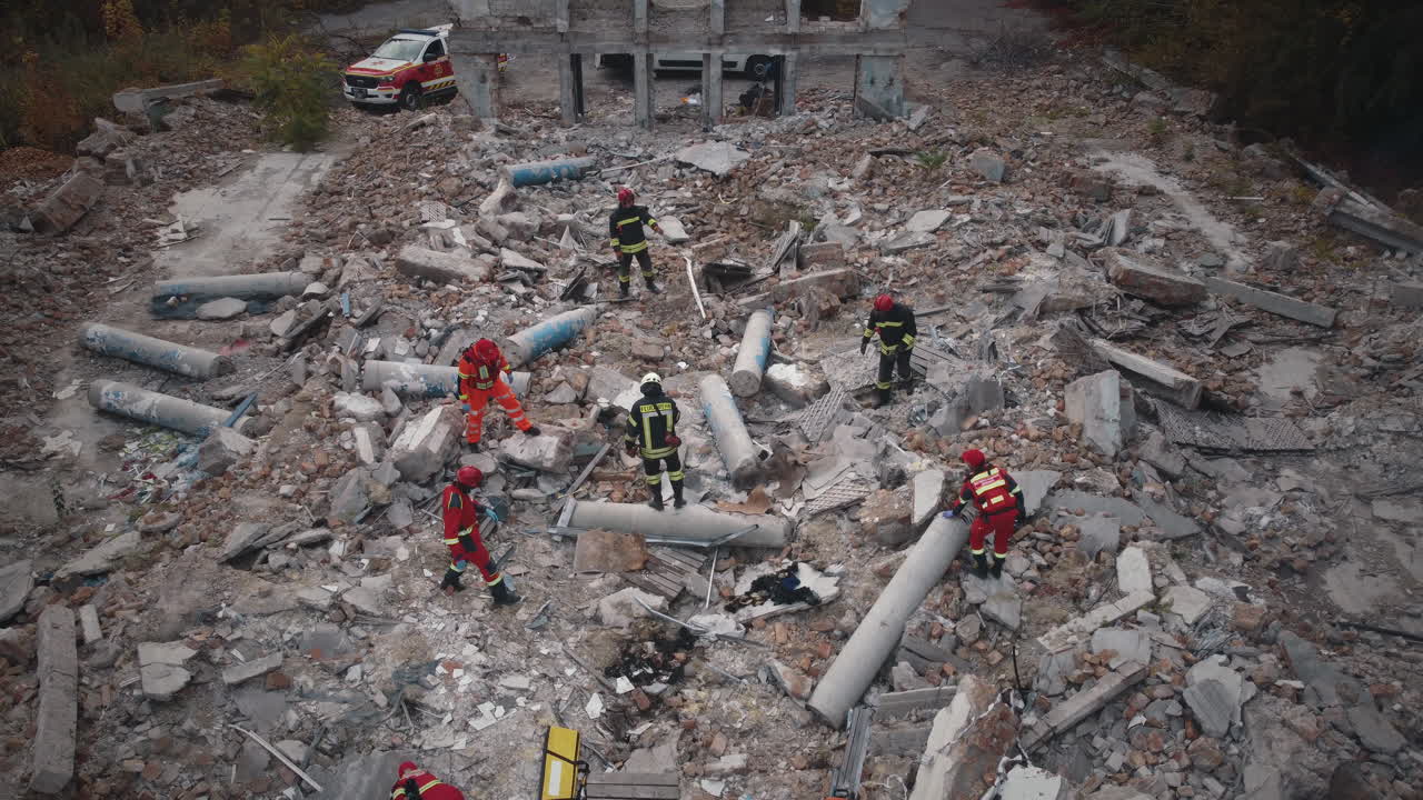 Firefighters Rescue Operation at a Damaged Building Site