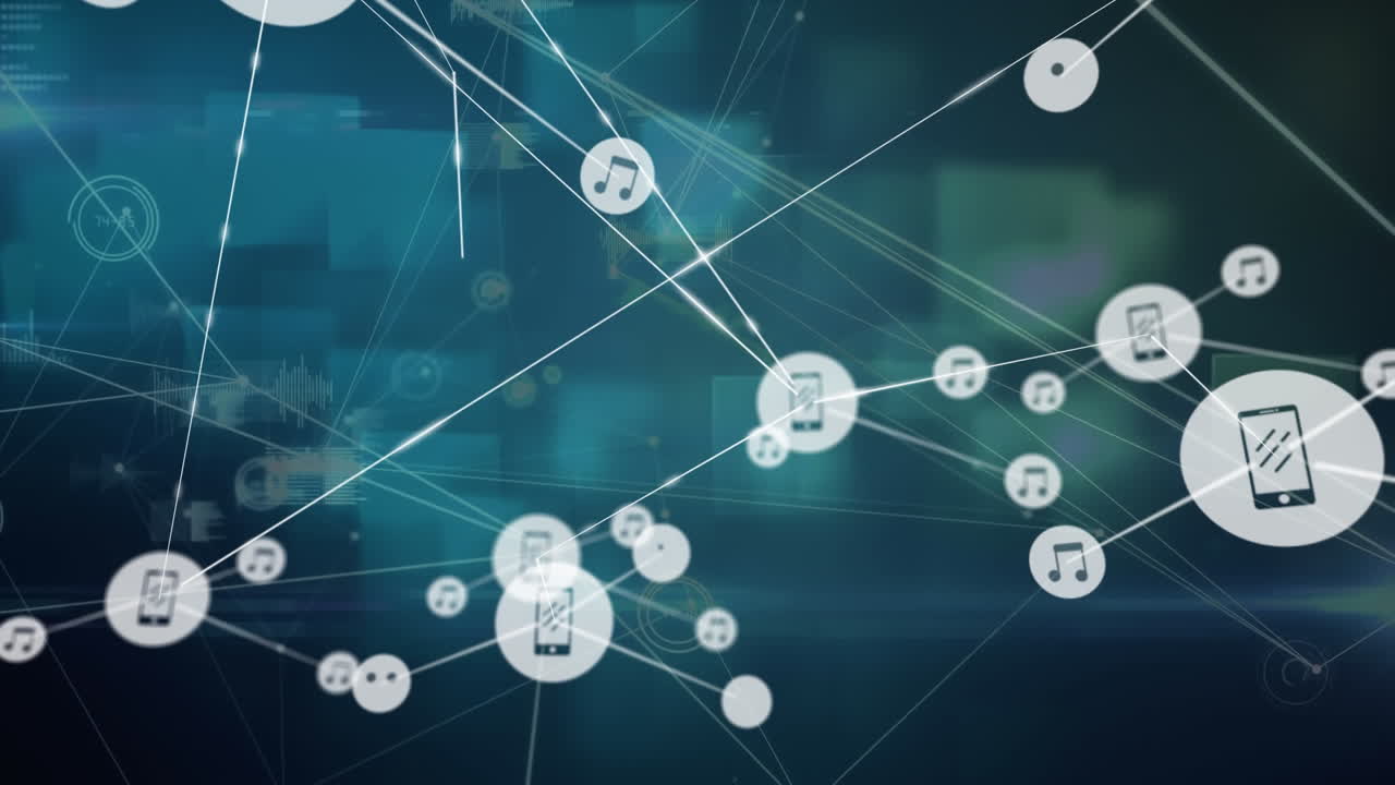 디지털 아이콘 네트워크의 애니메이션과 파란색 배경에 대한 사각형 모양의 데이터 처리